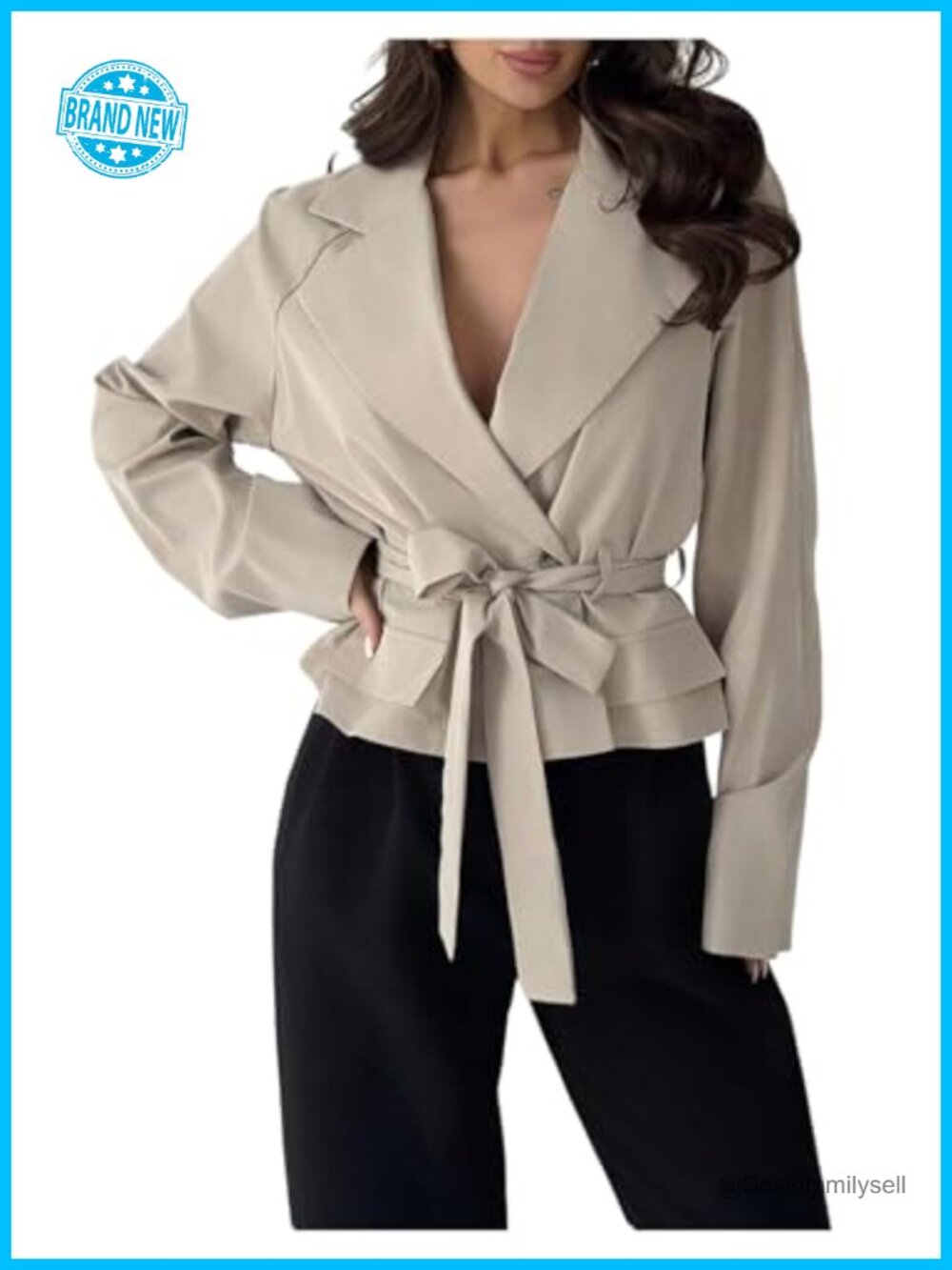 Womens Cropped Trench Coat Long Sleeve Belted Fall Jacket Blazer